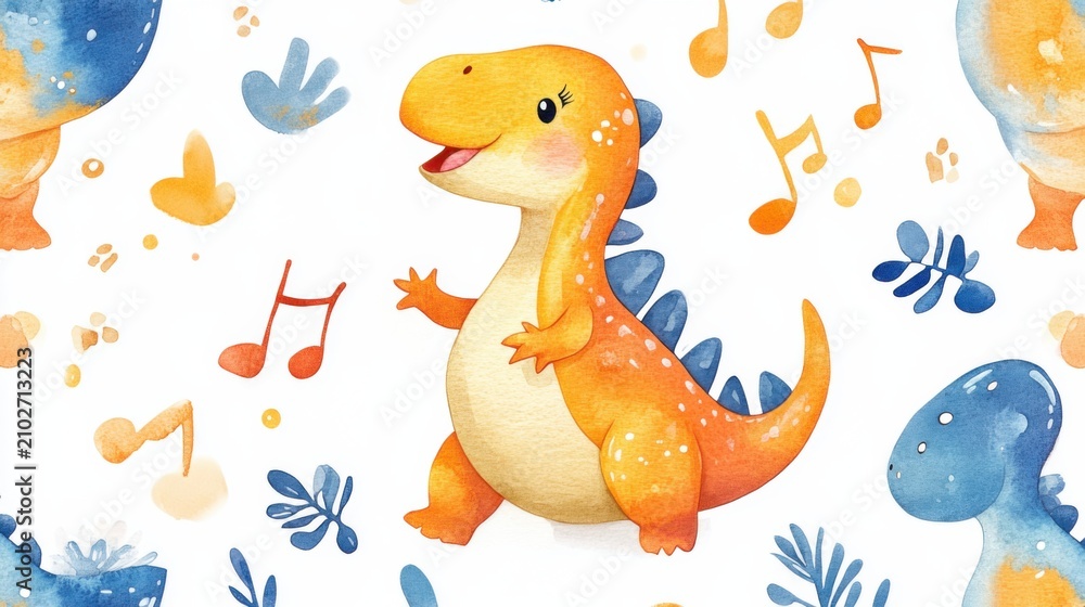 Naklejka premium baby dinosaur seamless pattern with music notes, watercolor painting, white background
