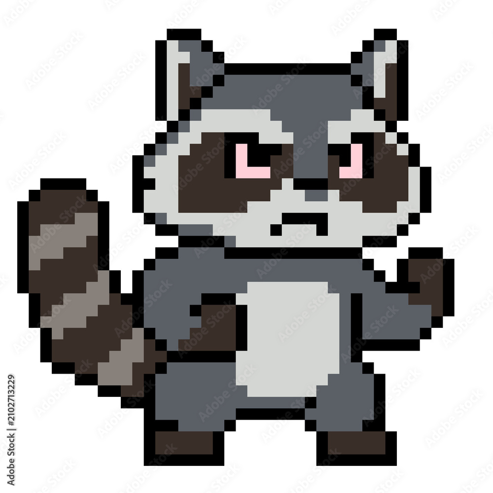 Fototapeta premium Cute angry raccoon character fighting pose pixel art 8 bit