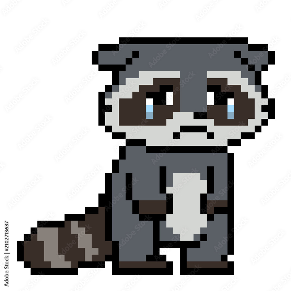 Fototapeta premium Cute crying raccoon character sad expression pixel art game asset or emoji sticker