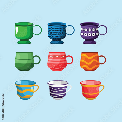 Glass Mug Ceramic with Floral and Lines Pattern Colorful Vibrant Playful Vector Isolated Set Collection