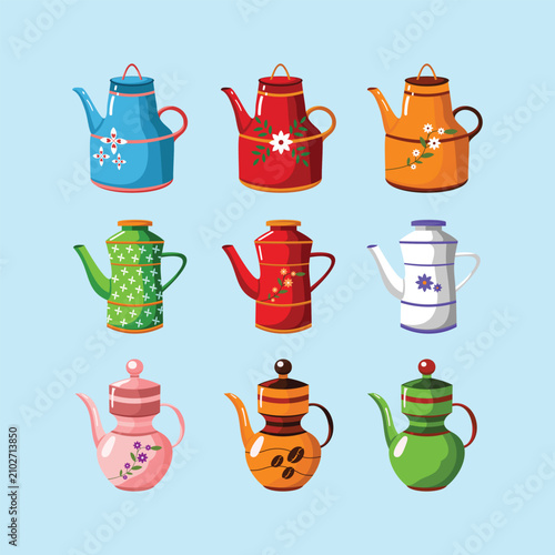 Teapot Water Pitcher Jug Ceramics with Floral and Lines Pattern Colorful Vibrant Playful Vector Isolated Set Collection