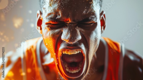 close-up face of basketball player shouting, adrenaline moment, isolated on white