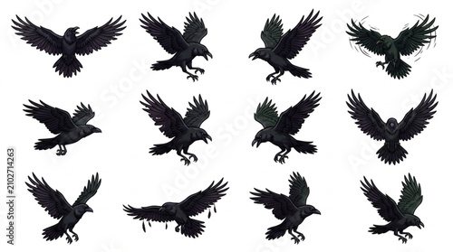 Collection of black crows in flight against a white background.