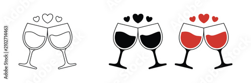 Foto Wine glasses icon set, clinking glass symbols with hearts, elegant vector illustration isolated on transparent background for wedding, love, party and celebration concepts