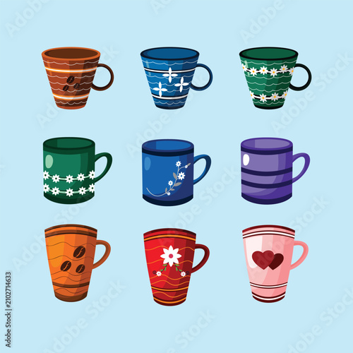 Glass Mug Ceramic with Floral and Lines Pattern Colorful Vibrant Playful Vector Isolated Set Collection