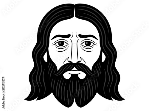 Bild auf Leinwand Jesus Christ Face Illustration, Religious Portrait of a Saint with Long Hair and