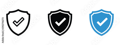 Shield icon set, check mark approval symbols, vector illustration for security, verification, protection, trust and safe access concepts.