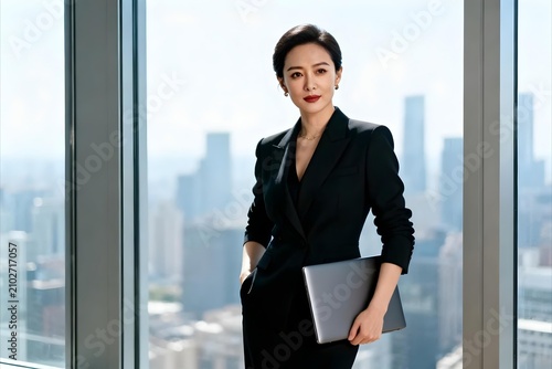 Confident female executive posing beside floor-to-ceiling windows holding a closed laptop