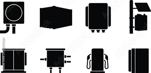 Electrical enclosure and industrial utility icons set featuring power distribution boxes control cabinets solar units and fuel dispensers silhouettes