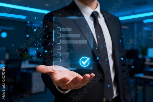 Professional business executive extending an open hand displaying a futuristic transparent holographic checklist