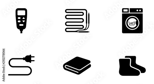Home Comfort Icons: Electric Blanket, Heated Socks, Laundry Machine, Remote Control, Power Cord, Folded Towel, Cozy Lifestyle Vector Set