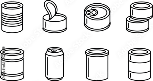 Tin Can And Packaging Line Icon Set Featuring Aluminum Food Storage Symbols For Grocery Retail And Preservation Designs
