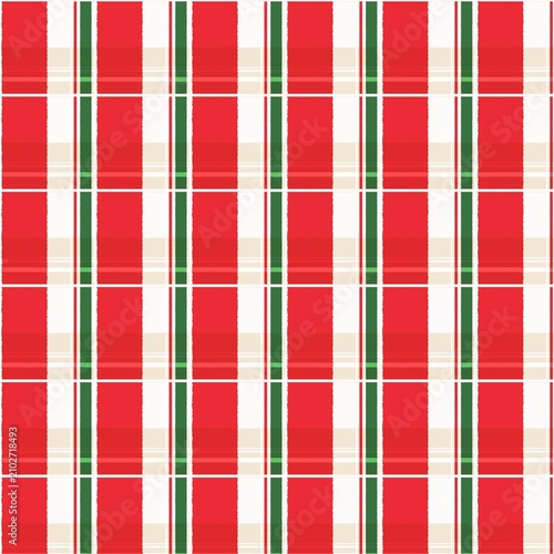 Christmas tartan plaid seamless pattern. Festive checkered background with red, forest green, and cream stripes for holiday wallpaper and fabric textile print