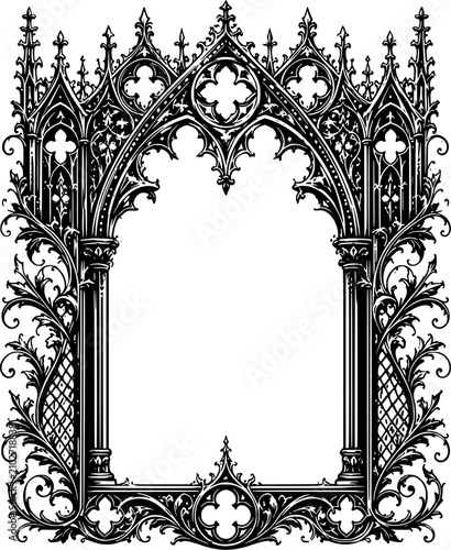 ornate gothic cathedral arch frame with vintage medieval floral decorative border