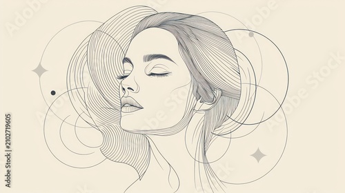 Serene woman's face, line art, abstract background.