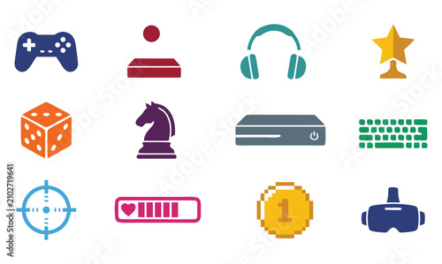 Video game controller and gaming equipment icon vectors