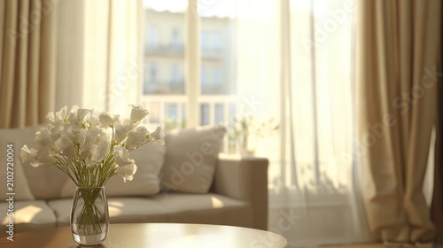 Sunlit living room with white flowers in a glass vase on a coffee table.