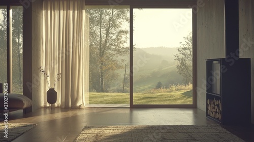 Modern living room with large window overlooking idyllic landscape.