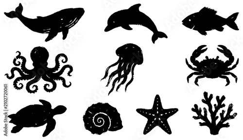 Black silhouette marine life collection whales dolphins and ocean creatures