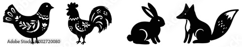 Scandinavian folk art animals chicken rooster rabbit fox silhouettes