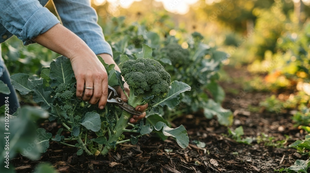 Fototapeta premium Woman Harvesting Fresh Organic Broccoli in a Sustainable Home Garden Vegetable Patch for Healthy Eating