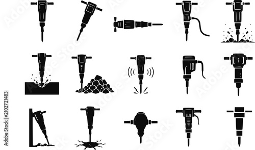 Foto Jackhammer icon set with pneumatic drill breaking concrete and rocks clip art