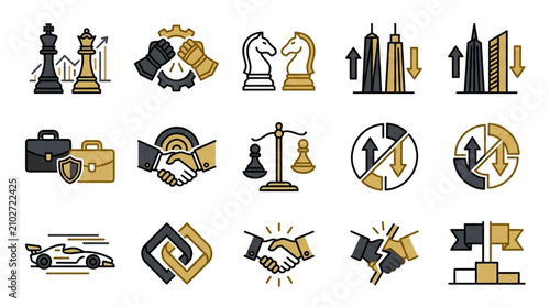 Collection of Business and Strategy Icons Representing Success and Competition.