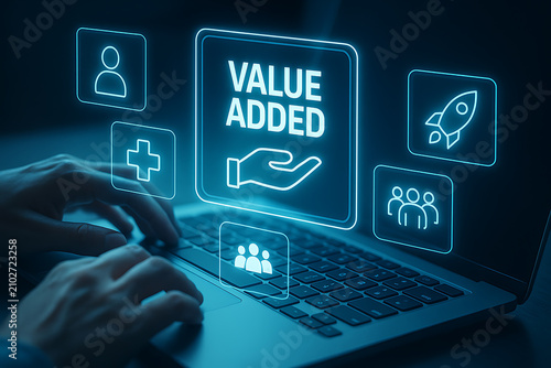 Digital Icons Representing Value Added Concepts Illuminated Against A Dark Screen pictograms