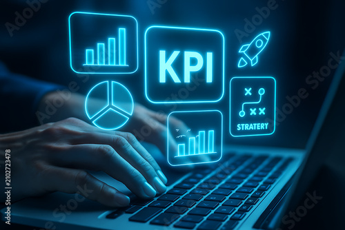 Key performance indicator icons with bar graphs and pie charts illuminated blue