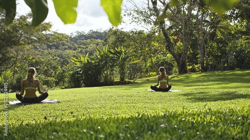 Two women meditate in lotus pose on a lush green lawn, surrounded by tropical foliage and hills.