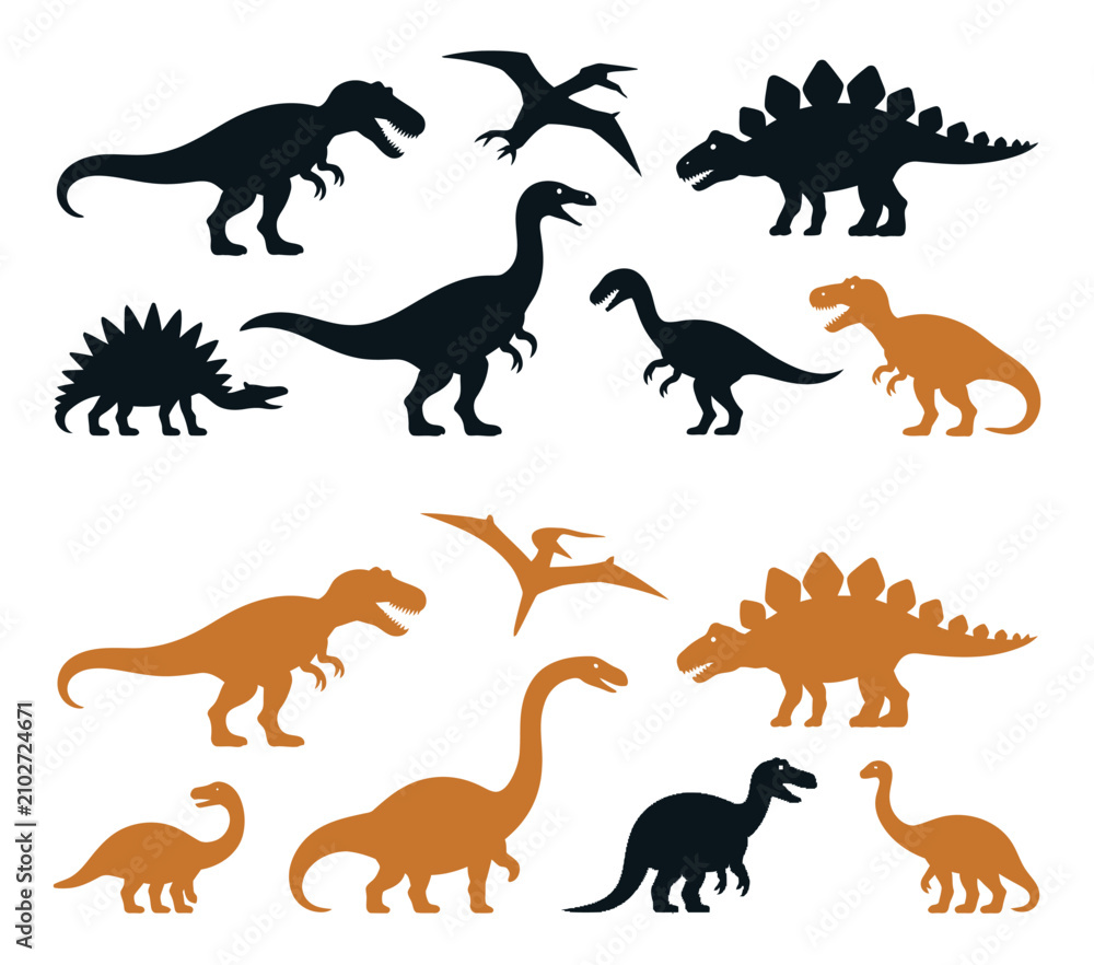 Obraz premium Dinosaur silhouette icon set, colorful kids clipart with rainbow designs on transparent background, cute vector illustration