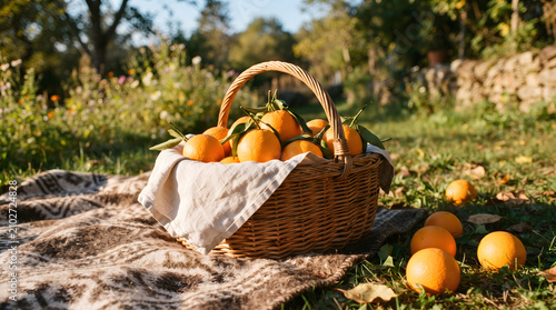 Wicker basket filled with fresh harvested oranges with green leaves on picnic blanket in sunny orchard