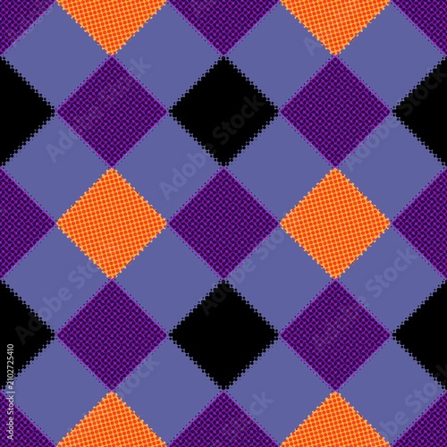 Halloween Argyle Checkered Seamless Pattern with Halftone Dot Texture