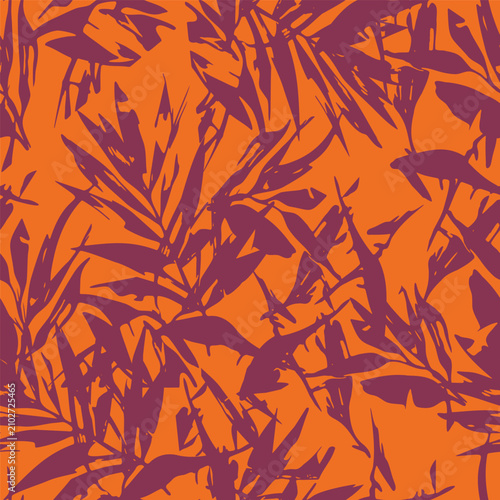 Seamless vector pattern featuring abstract tropical palm leaf silhouettes. Vibrant orange and purple exotic botanical background for fashion and print