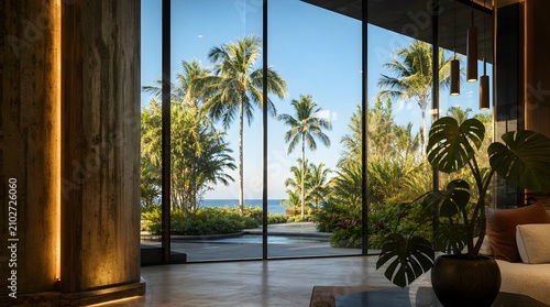 Luxury resort hotel lobby with a view of a tropical garden
