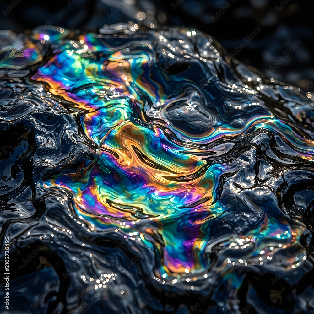 Obraz premium Vibrant oil slick on water with rainbow iridescence. Colorful fuel spill reflection creating abstract metallic surface patterns.