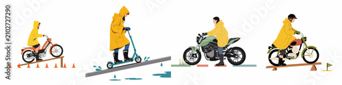 Bild auf Leinwand Set of illustrations showing people in yellow raincoats riding motorcycles, mopeds, and scooters on training obstacles during rainy weather conditions