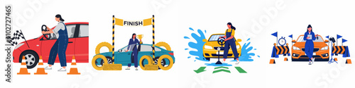 Bild auf Leinwand Set of flat vector illustrations depicting female drivers and mechanics involved in car racing, driver training, and automotive testing activities
