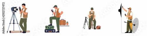 Vector illustration set of a professional male photographer or cinematographer using various gear including lights, tripods, and light meters for studio or field work.