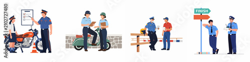 Canvastavla Flat vector illustration set showing scenes of people taking motorcycle driving exams and interacting with police officers for licensing and traffic regulations