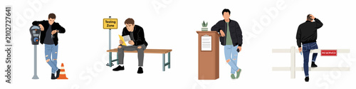Konstfotografi Vector illustrations of a young man in casual wear experiencing different scenarios including waiting, evaluation, public speaking, and reserved seating