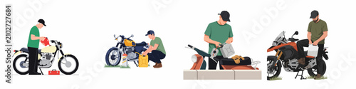 Flat vector illustrations of men refueling various motorcycles including adventure bikes, classic motorcycles, and scooters using portable fuel cans on a white background.