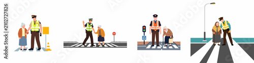 Photos Illustrations of a police officer assisting an elderly woman across a pedestrian crosswalk in various urban settings