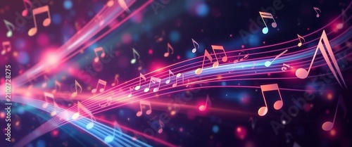 Dreamy purple and pink music background with glowing musical notes, treble clef, flowing staff lines, sparkling lights and soft bokeh effects.