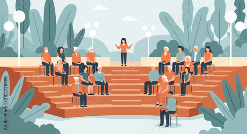 Female speaker presenting to senior citizens at an outdoor park amphitheater.