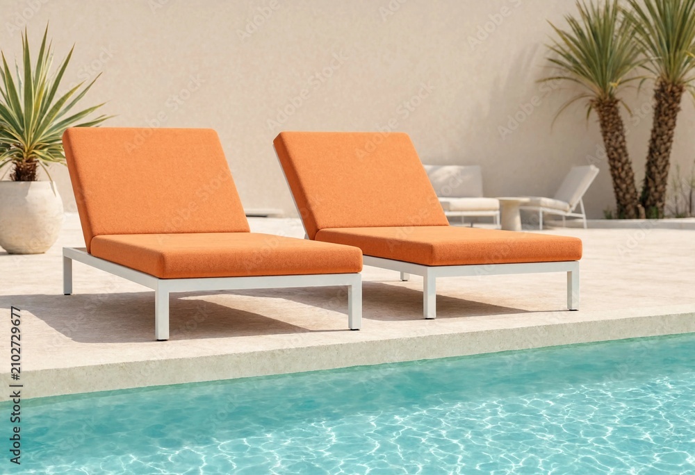 Fototapeta premium Luxury swimming pool with crystal-clear blue water and orange lounge chairs in a modern minimalist backyard, showcasing relaxation, resort lifestyle, sunshine, tranquility, elegance, escape.