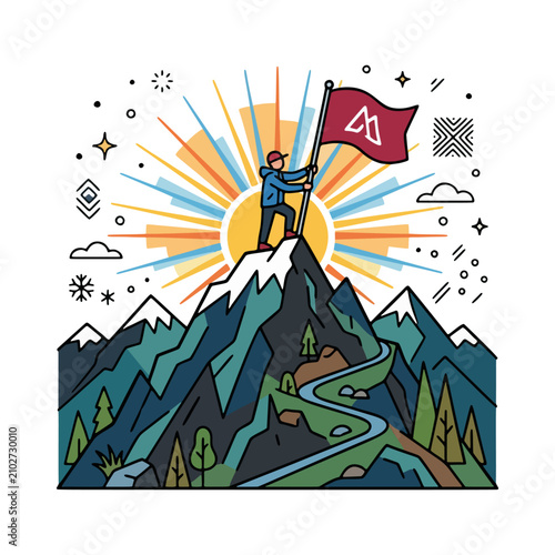 A minimalist flat vector illustration of a person standing on top of a mountain holding a flag