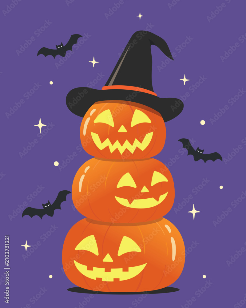 Fototapeta premium Cute halloween pumpkin with bats, Happy halloween vector illustration.
