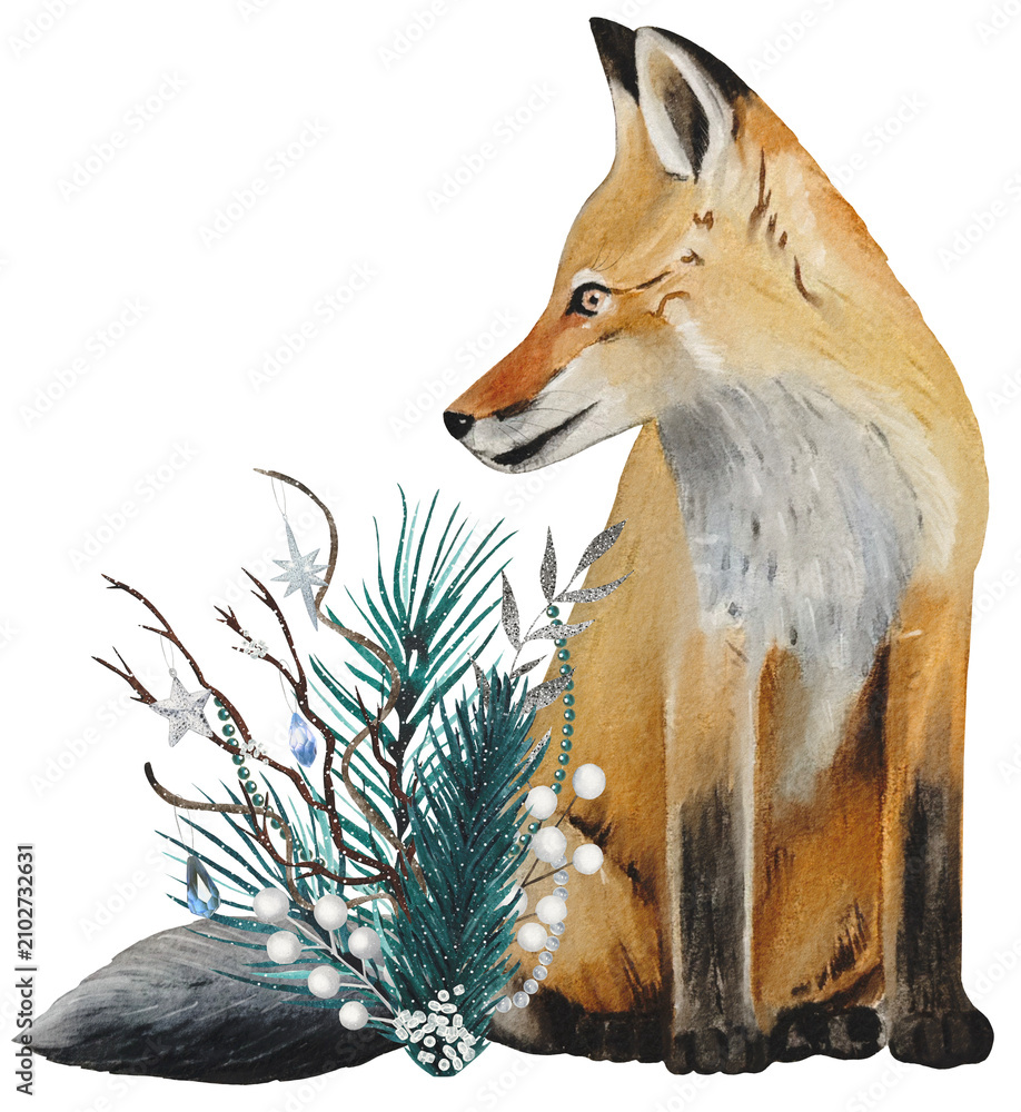 Obraz premium Hand drawn fox cub. Winter woodland baby animals clipart. Watercolor illustration.