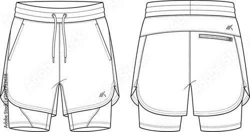 Foto Technical fashion flat sketch of men’s 2-in-1 running shorts with built-in compr